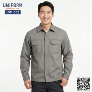 LSM-001 เสื้อช็อปช่างแขนยาว สีเทาเข้ม ดีไซน์กระเป๋าคู่