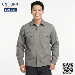 LSM-001 เสื้อช็อปช่างแขนยาว สีเทาเข้ม ดีไซน์กระเป๋าคู่