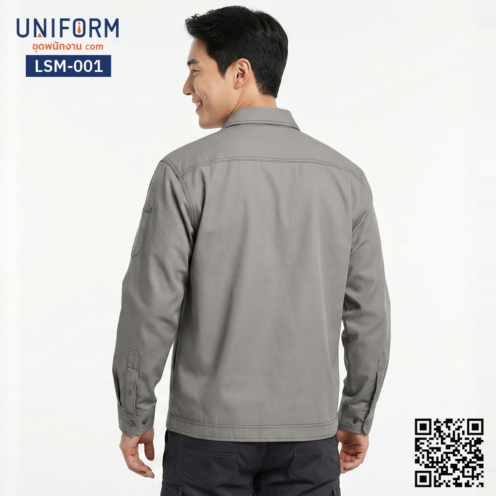 LSM-001 เสื้อช็อปช่างแขนยาว สีเทาเข้ม ดีไซน์กระเป๋าคู่