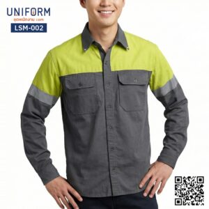 LSM-002 เสื้อช็อปช่างแขนยาว ทูโทน เทียวเขียว สีเทา