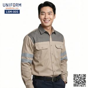 LSM-005 เสื้อช็อปช่างแขนยาว ทูโทนสีกากีเทา ดีไซน์เท่