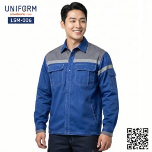 LSM-006 เสื้อช็อปช่างแขนยาว ทูโทน สีน้ำเงินเทา