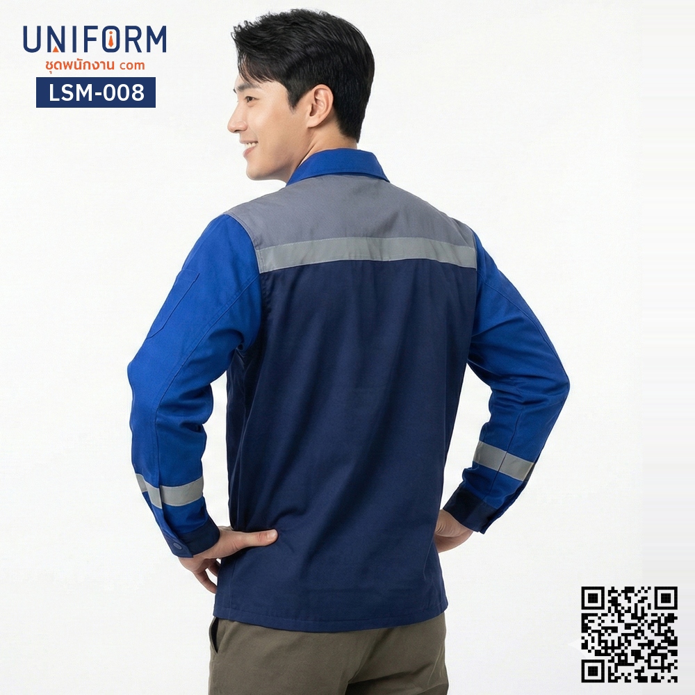 LSM-008 เสื้อช็อปช่างแขนยาว ทูโทน สีน้ำเงินเทา สไตล์ยู⁠นิ⁠ฟ⁠อ⁠ร์⁠มบริษัท