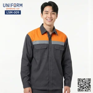LSM-009 เสื้อช็อปช่างแขนยาว สีเทาส้ม ดีไซน์มืออาชีพ