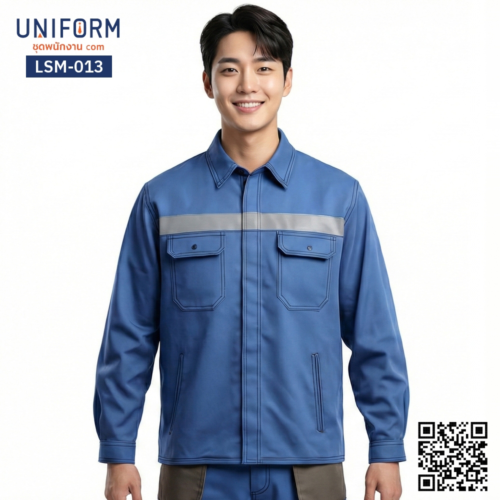 LSM-013 Long sleeve mechanic shop shirt Blue reflective strips for technicians