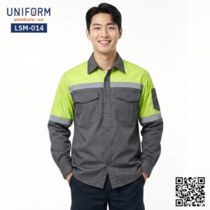 LSM-014 เสื้อช็อปช่างแขนยาว ทูโทน สีเทาเขียวสะท้อนแสง