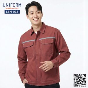 Long sleeve mechanic shop shirt LSM-015, brick red, reflective strip design.