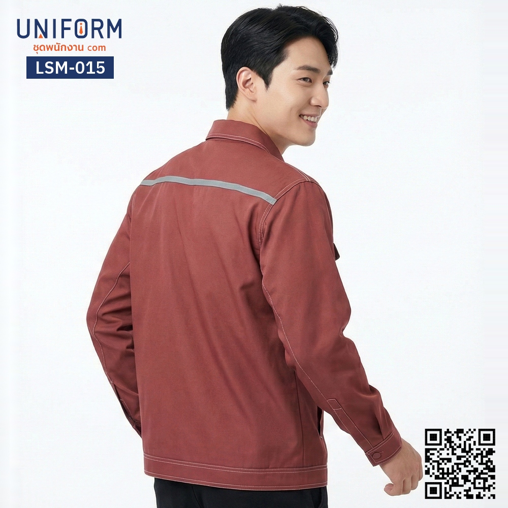 เสื้อช็อปช่างแขนยาว LSM-015 สีแดงอิฐดีไซน์แถบสะท้อนแสง