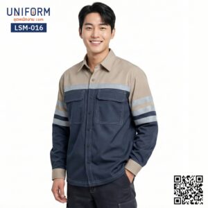 LSM-016 เสื้อช็อปช่างแขนยาว ทูโทน กรมท่า-กากี ตะเข็บคู่ทนทาน