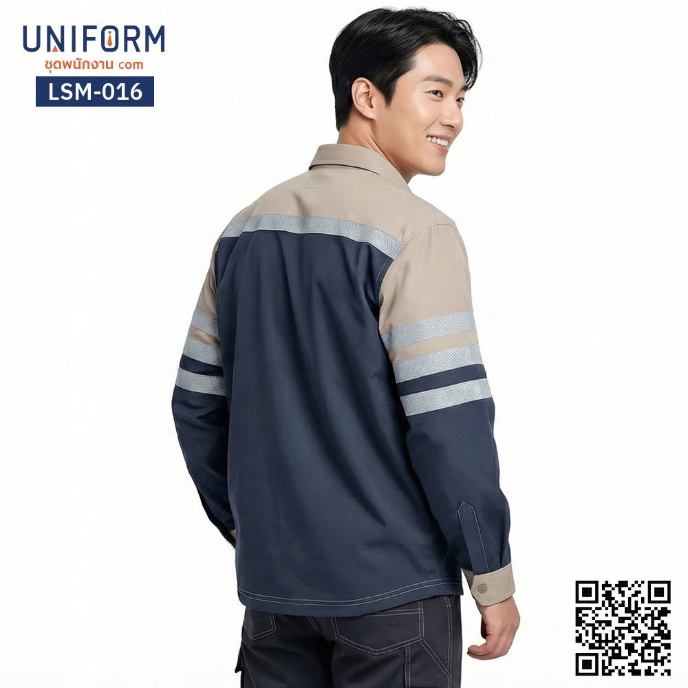 LSM-016 Long sleeve mechanic shop shirt, two tone, navy blue-khaki, durable double seams.