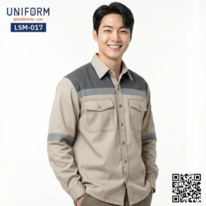 LSM-017 เสื้อช็อปช่างแขนยาว ทูโทน กากีเทา สั่งปักโลโก้