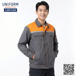 LSM-018 เสื้อช็อปช่างแขนยาว ทูโทน สีเทาส้ม สไตล์มืออาชีพ