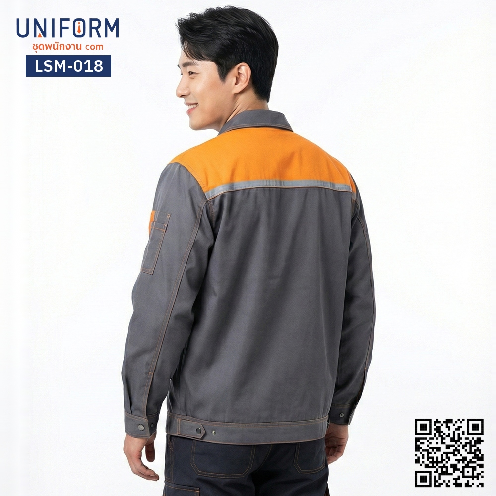 LSM-018 Long sleeve mechanic shop shirt, two tone, grey-orange, professional style.