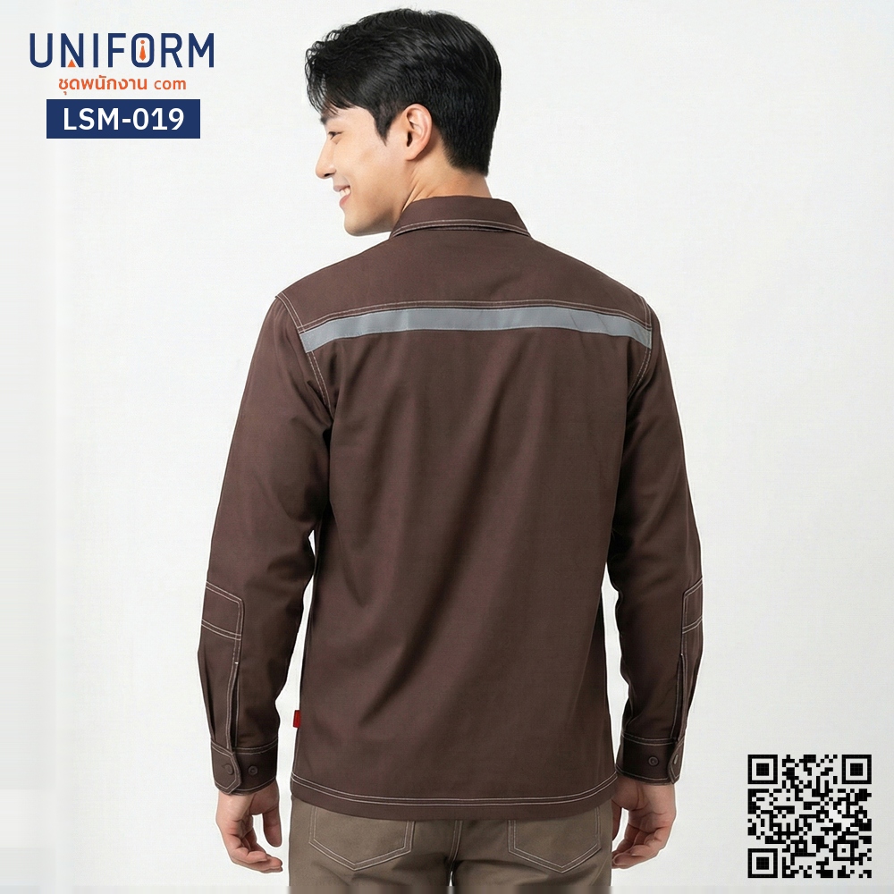 LSM-019 Long sleeve mechanic shop shirt, brown, designed with reflective stripes.