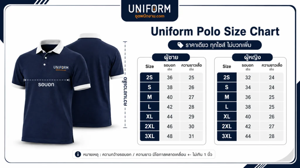 ตารางไซส์ของ POLO-047 เสื้อโปโล แขนสั้น ทูโทน สีแดงและเทา