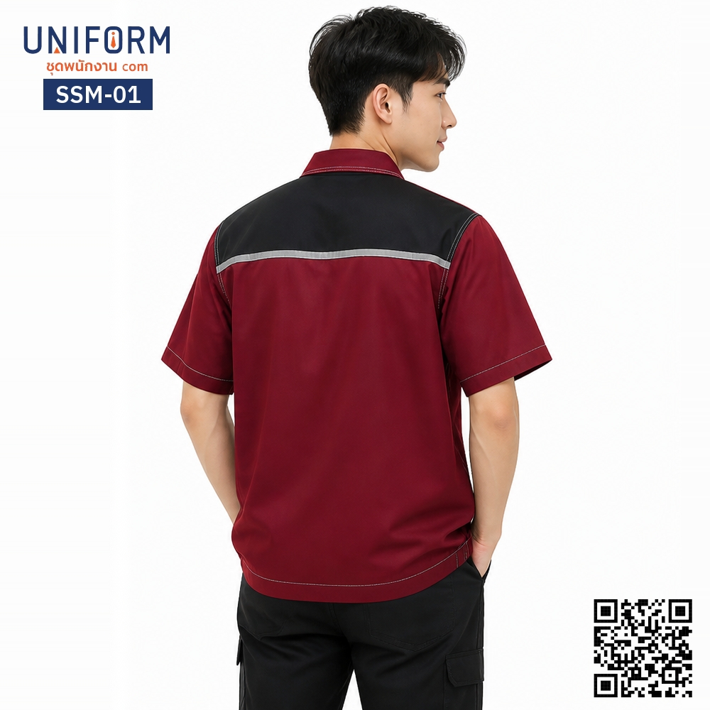 SSM-01 Short sleeve mechanic shop shirt, two tone, red and black with logo embroidery.