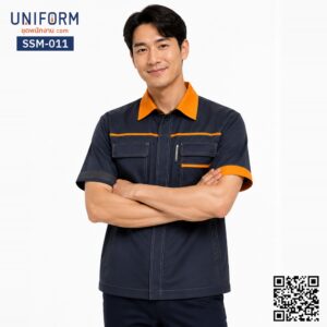 SSM-011 เสื้อช็อปช่างแขนสั้น สีกรมท่าแต่งส้ม เสื้อช็อปแขนสั้นพร้อมปัก