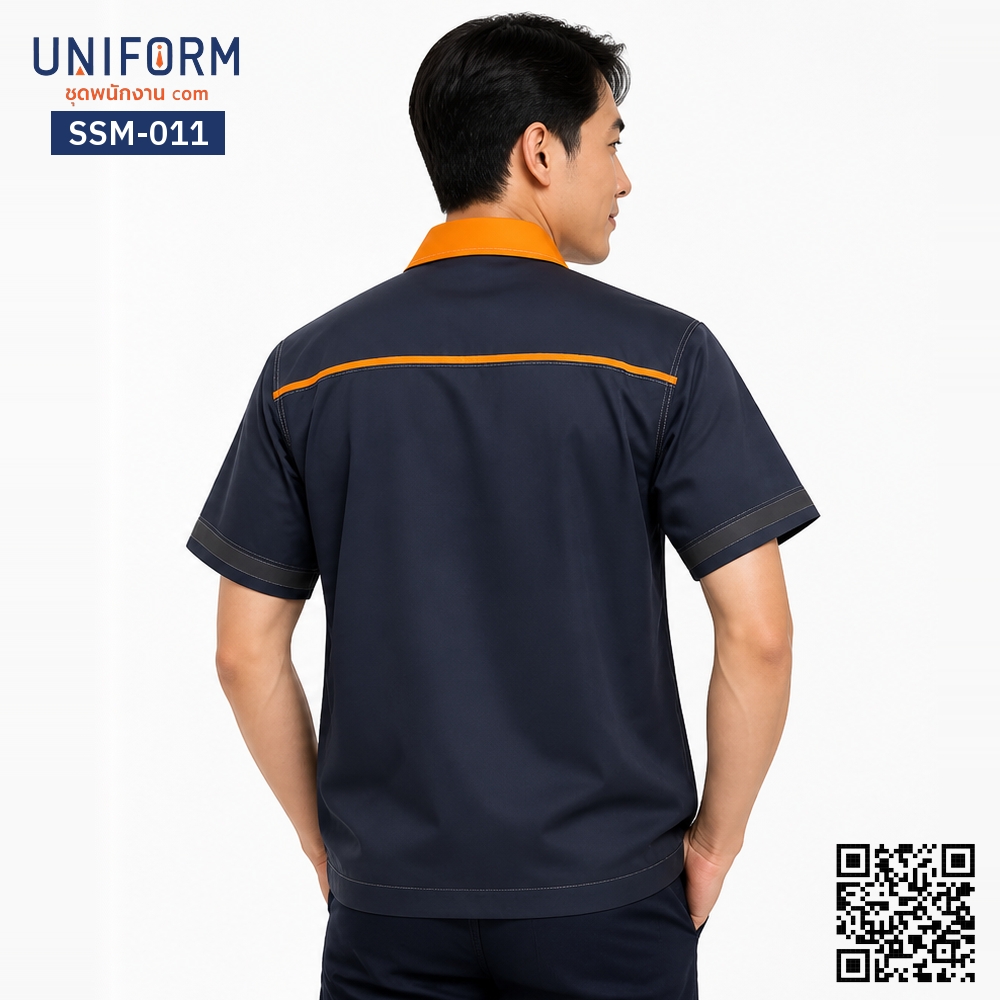 SSM-011 เสื้อช็อปช่างแขนสั้น สีกรมท่าแต่งส้ม เสื้อช็อปแขนสั้นพร้อมปัก