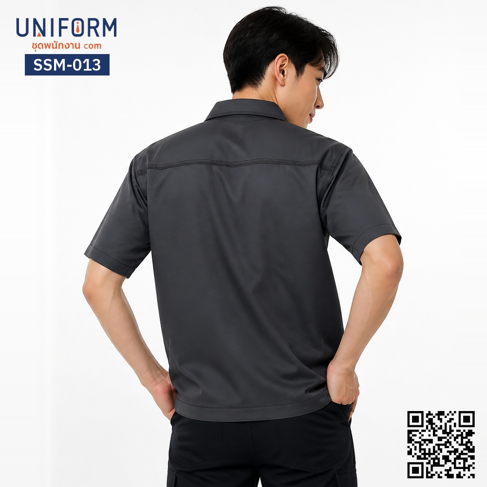 SSM-013 เสื้อช็อปช่างแขนสั้น สีเทาเข้ม ซิปหน้า