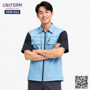 SSM-014 เสื้อช็อปช่างแขนสั้น ทูโทน สีฟ้าและแขนเสื้อสีดำ