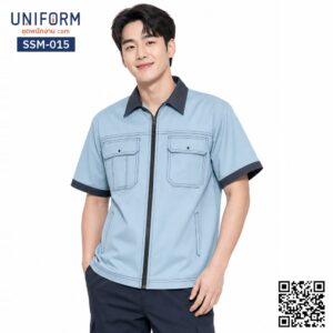 SSM-015 เสื้อช็อปช่างแขนสั้น ทูโทน สีฟ้ากรมท่า ยูนิฟอร์มบริษัท