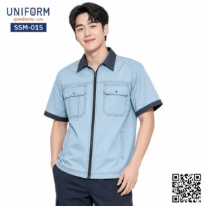 SSM-015 เสื้อช็อปช่างแขนสั้น ทูโทน สีฟ้ากรมท่า ยูนิฟอร์มบริษัท