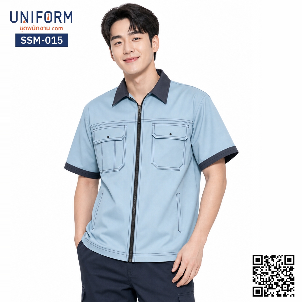 SSM-015 เสื้อช็อปช่างแขนสั้น ทูโทน สีฟ้ากรมท่า ยู⁠นิ⁠ฟ⁠อ⁠ร์⁠มบริษัท