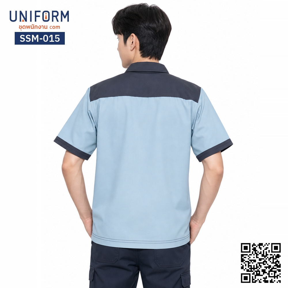 SSM-015 เสื้อช็อปช่างแขนสั้น ทูโทน สีฟ้ากรมท่า ยู⁠นิ⁠ฟ⁠อ⁠ร์⁠มบริษัท