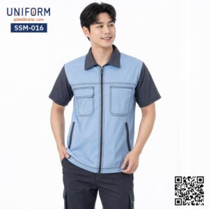 SSM-016 เสื้อช็อปช่างแขนสั้น ทูโทน สีฟ้าเทา
