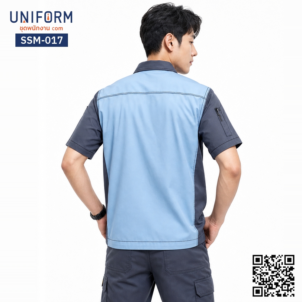 SSM-017 เสื้อช็อปช่างแขนสั้น ทูโทน สีฟ้าเทา ดีไซน์ซิปหน้า