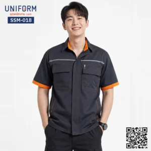 SSM-018 เสื้อช็อปช่างแขนสั้น ทูโทนสีเทาดำส้ม สำหรับยูนิฟอร์มบริษัท