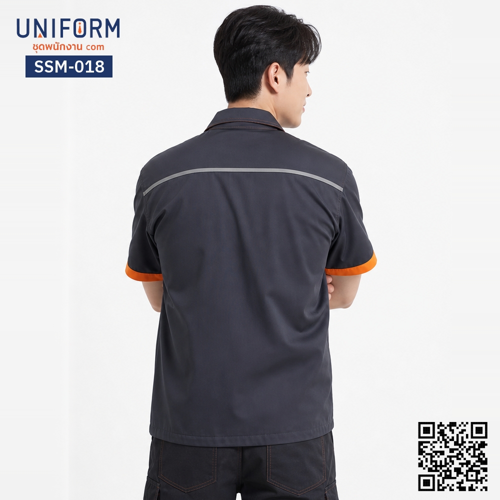 SSM-018 เสื้อช็อปช่างแขนสั้น ทูโทนสีเทาดำส้ม สำหรับยู⁠นิ⁠ฟ⁠อ⁠ร์⁠มบริษัท