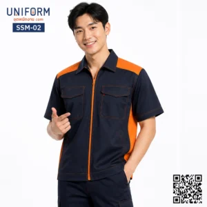SSM-02 เสื้อช็อปช่างแขนสั้น ทูโทน กรมท่าตัดส้ม