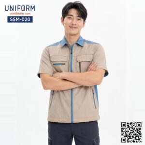 SSM-020 เสื้อช็อปช่างแขนสั้น ทูโทน กากีฟ้า