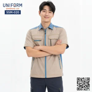 SSM-020 เสื้อช็อปช่างแขนสั้น ทูโทน กากีฟ้า