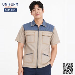 SSM-021 เสื้อช็อปช่างแขนสั้น ทูโทน สีน้ำตาลแต่งฟ้า