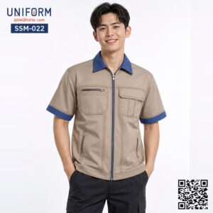 SSM-022 เสื้อช็อปช่างแขนสั้น ทูโทน สีกากีแต่งปกน้ำเงิน