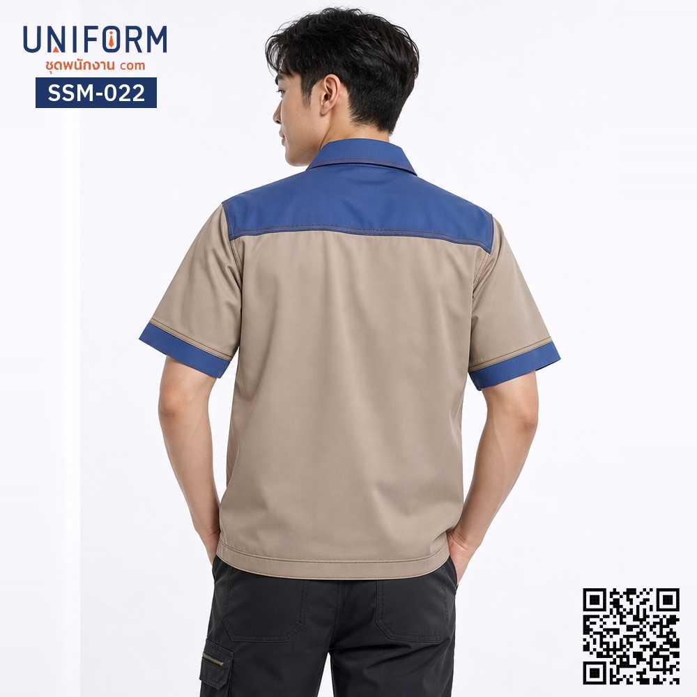 SSM-022 เสื้อช็อปช่างแขนสั้น ทูโทน สีกากีแต่งปกน้ำเงิน