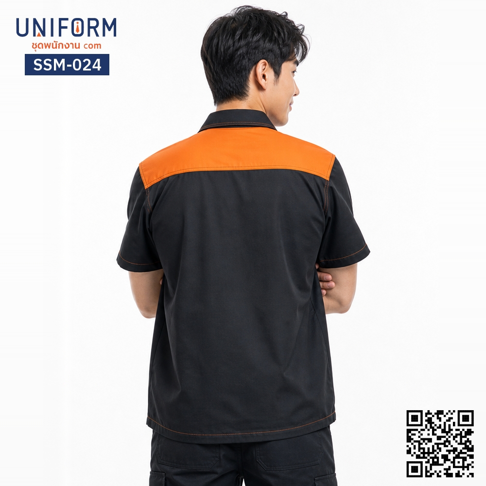 SSM-024 เสื้อช็อปช่างแขนสั้น ทูโทนสีดำส้ม ดีไซน์เท่