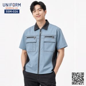 SSM-026 เสื้อช็อปช่างแขนสั้น ทูโทนสีฟ้าดำ ดีไซน์เท่