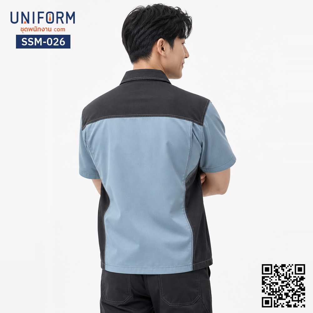 SSM-026 เสื้อช็อปช่างแขนสั้น ทูโทนสีฟ้าดำ ดีไซน์เท่
