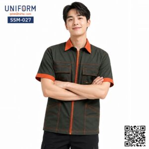 SSM-027 เสื้อช็อปช่างแขนสั้น ทูโทนสีเขียวขี้ม้าตัดส้ม