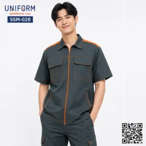 SSM-028 เสื้อช็อปช่างแขนสั้น ทูโทนสีเทาแต่งส้ม