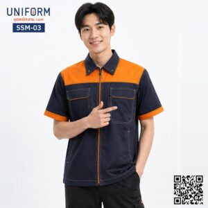 SSM-03 เสื้อช็อปช่างแขนสั้น ทูโทน กรมท่า-ส้ม คล่องตัว