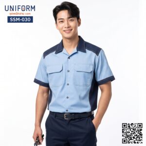 SSM-030 เสื้อช็อปช่างแขนสั้น ทูโทนฟ้ากรมท่า ดีไซน์ปกและบ่าเท่