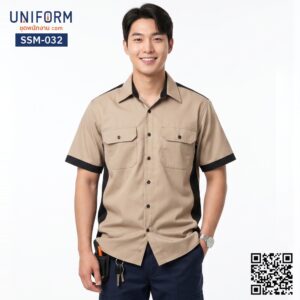 SSM-032 เสื้อช็อปช่างแขนสั้น ทูโทน กากี-ดำ สไตล์วิศวะ