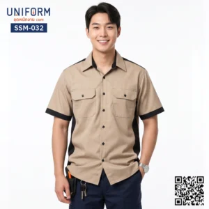 SSM-032 เสื้อช็อปช่างแขนสั้น ทูโทน กากี-ดำ สไตล์วิศวะ