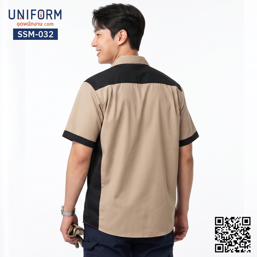SSM-032 เสื้อช็อปช่างแขนสั้น ทูโทน กากี-ดำ สไตล์วิศวะ
