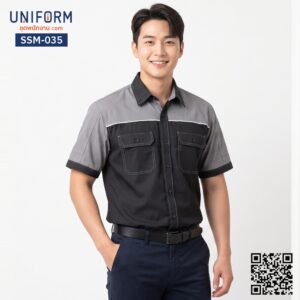 SSM-035 เสื้อช็อปช่างแขนสั้น ทูโทน สีดำ เทา