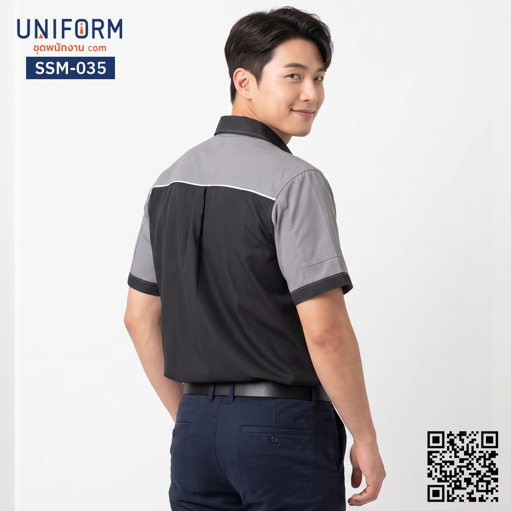 SSM-035 เสื้อช็อปช่างแขนสั้น ทูโทน สีดำ เทา